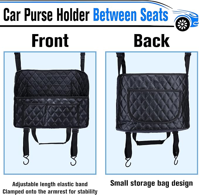 Car Purse Holder Between Seats, Leather Auto Front Seat Handbag Organizer Pocket, Large Capacity Car Net Pocket Handbag Holder, Backseat Barrier Storage Bag Fits for Car, Truck, SUV