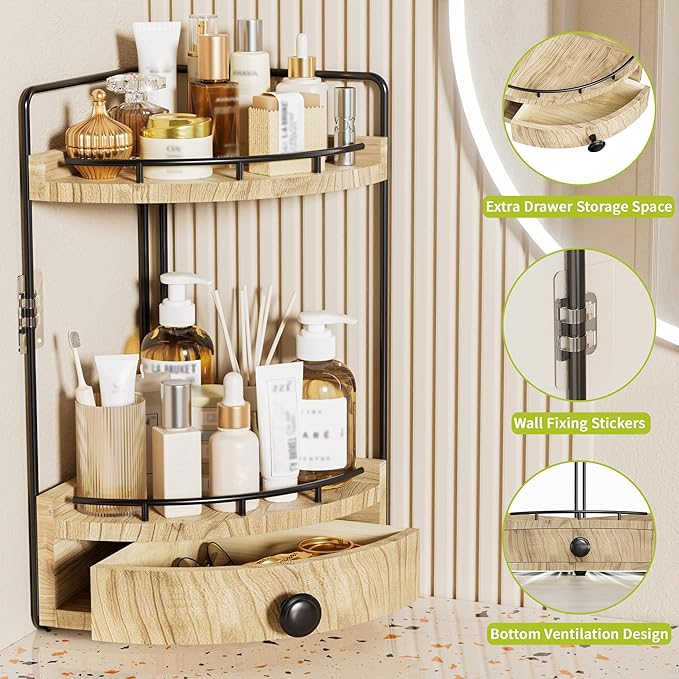 2-Tier Corner Bathroom Counter Organizer with Drawer & Embedded Screw Holes - Wooden Countertop Organizers for Skincare, Make