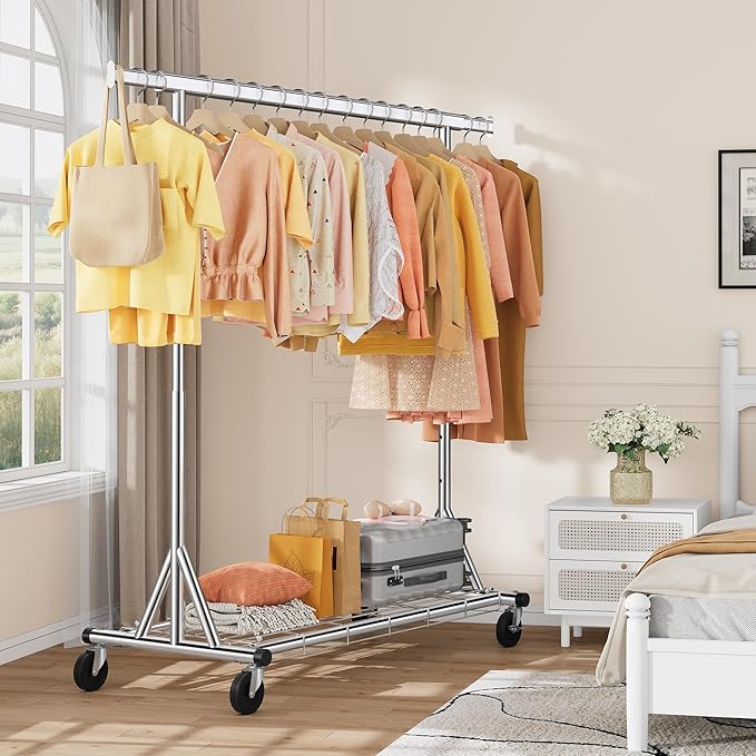 Gewudraw Heavy Duty Clothes Rack Load 630 lbs, Metal Rolling Clothing Rack With Sturdy Wheel And Shelves, Adjustable Portable