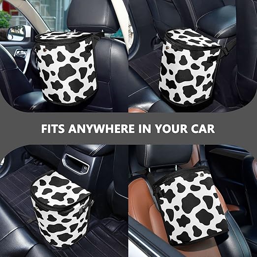 linqin Black and White Cow Pattern Car Trash Can with Lid Leak Proof Car Trash Bag Waterproof Car Garbage Can, Multipurpose Trash Bin Hanging for Minivan SUV Truck