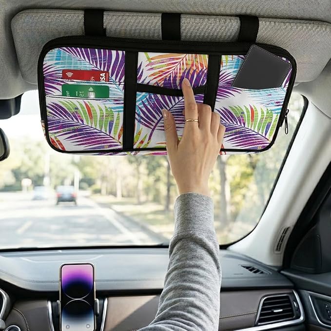 Tactical Sun Visor Organizer,Tropical Leaves Scratch-Resistant Auto Sunshade Organizer Bag with Double Zippers Truck SUV Storage Pouch Holder