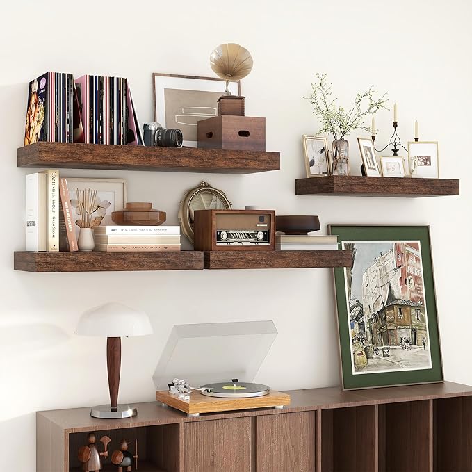 Deep Floating Shelves | 24 Inch Brown Floating Shelves Set of 2 | 12 Inch Deep Rustic Wood Shelves for Wall | 24" W x 12" D B