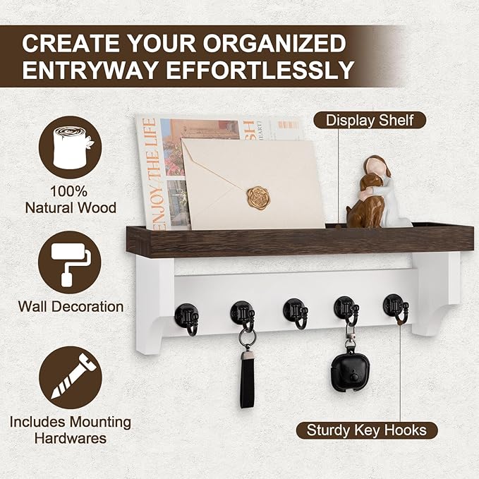 Key and Mail Holder Wall Mount, Key Holder with Shelf and Mail Organizer Wall Mount. Mail Holder with 5 Hooks for Coat, Dog L