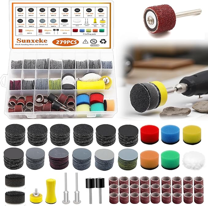 279PCS 1Inch Sanding Discs and Drum for Dremel Tool Accessories,60-10000 Grit Hook and Loop Sandpaper for Dremel Polishing Ki