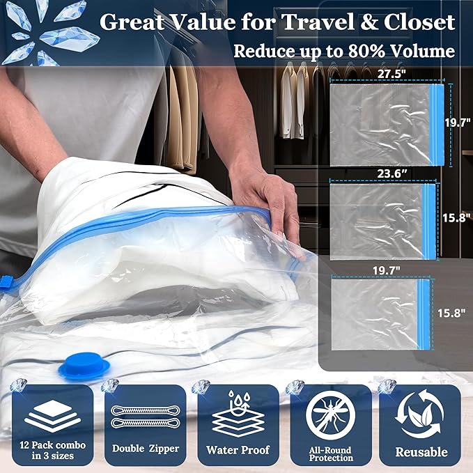 Vacuum Sealing Bags for Clothing Travel,Space Saver Vacuum Storage Bags with Wireless Air Pump (9 Combo Bags+Electric Pump)