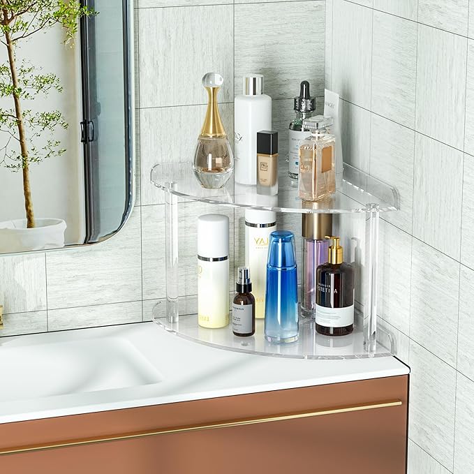 Sezanrpt 2 Tier Acrylic Corner Shelf Organizer Storage 9.5x9.5x8 Inch, Transparent Countertop Corner Shelf for Bathroom, Kitc