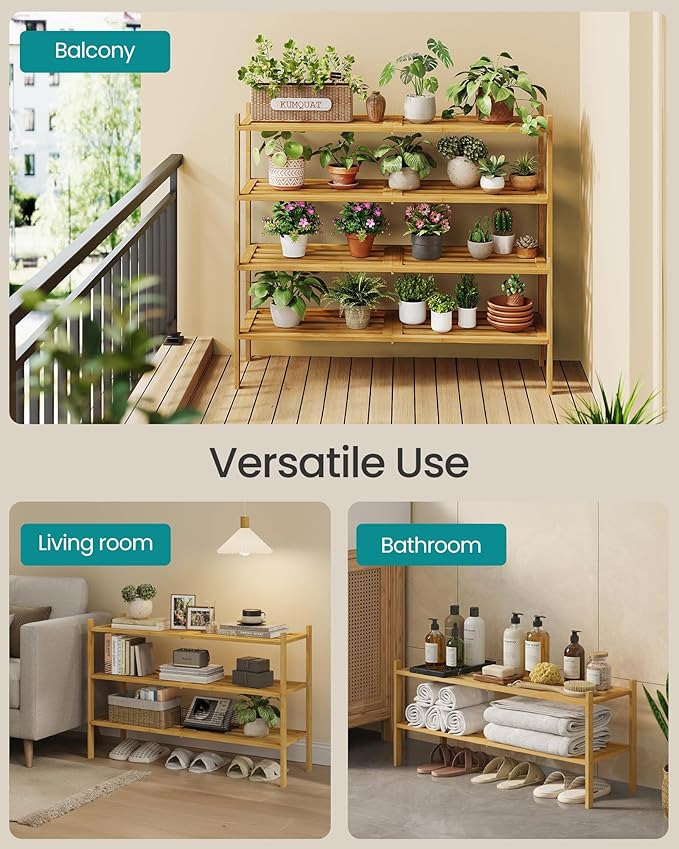 SONGMICS Bamboo Shoe Rack for Closet, Stackable Shoe Oragnizer with Modular Structure, Space-Saving Free Standing Shelf for E