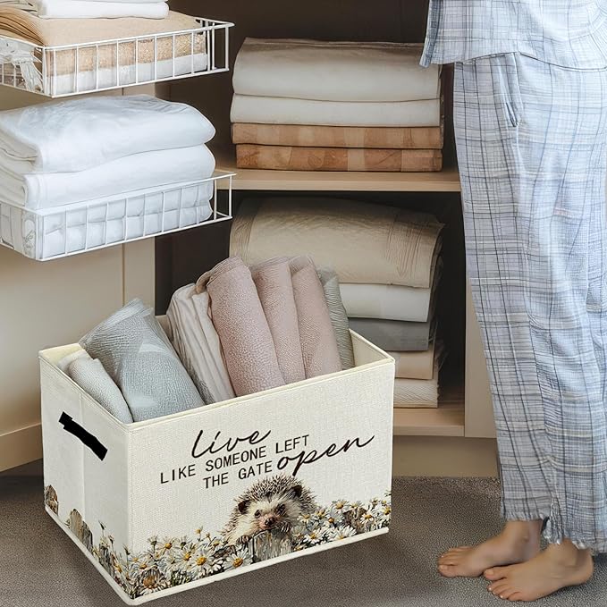 Rustic Hedgehog Storage Bins & Boxes with Handles, Farmhouse Hedgehog Foldable Basket for Organizing, Live Like Someone Left 