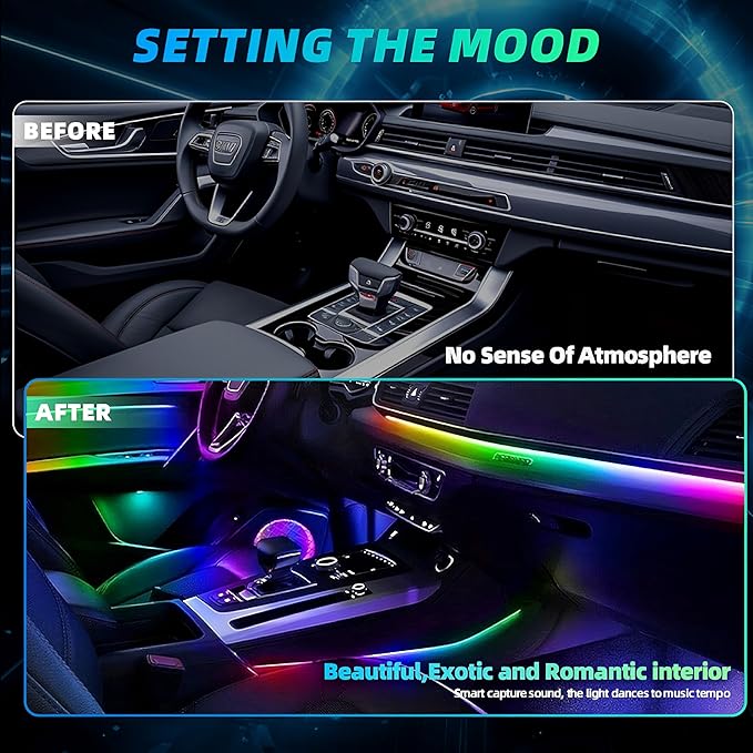 Acrylic Interior Car LED Strip Lights, Dreamcolor 18-in-1 Car Ambient Lighting Kit, with APP Control, 622 LED Fiber Optic Strip Lights for Cars, Supports Neon Sync with Music DIY Mode.