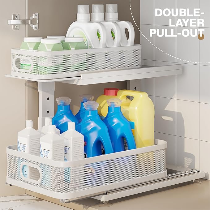 2 Pack Under Sink Organizer With Next-Gen Ball-Bearing Slides,2-Tier Precision Mesh Pull Out Cabinet Drawers Storage for Bath