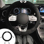 Car Headrest Pillow & Steering Wheel Cover Set with Cute Big-Eyed Furball Travel Neck Support Pillow Fur Car Interior Accessory (Black Ring Cover)