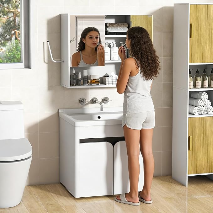 Bathroom Wall Cabinet With Mirror,wall mounted bathroom cabinet,Medicine Cabinet with 2 Door ,Side Hook,Light and Adjustable 