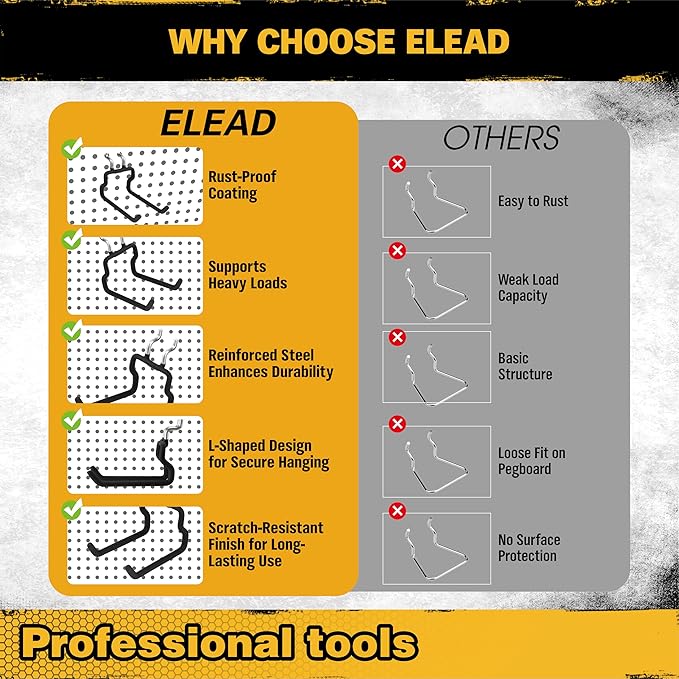 ELEAD 8-Piece Flat Pegboard Hooks, Peg Board Organizer Accessories for Hanging, Fit 1/4" Pegboard, Peg Board Tool Hangers for