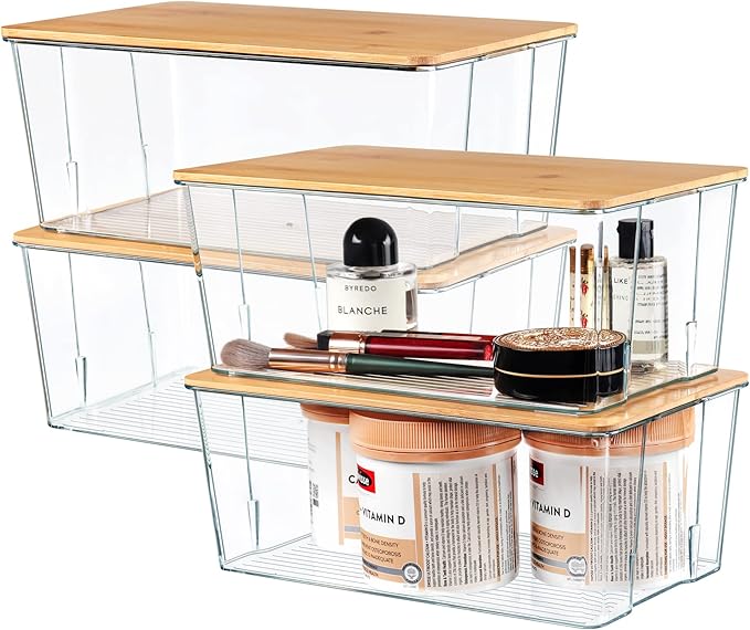 Hudgan 4 Pack Clear Plastic Storage Bins with Bamboo Lids, Stackable Storage Containers for Organizing Medicine Cabinet Organ