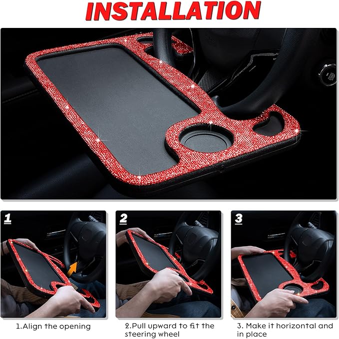 eing Bling Auto Steering Wheel Desk, Laptop,Tablet, Notebook Car Travel Table, Food Eating Hook On Steering Wheel Tray, for Constant Travelers, Fits Most Vehicles Steering Wheels,Red