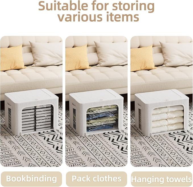 FHSQX 8 Pack Clothes Storage Bins - Foldable Storage Bins for Clothes Fabric Storage Box with Metal Frame (Cream White, 19.7x