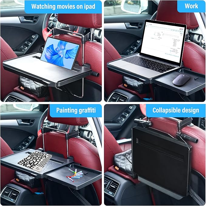 VarCozy Car Steering Wheel Tray, Foldable Hanging Rear Headrest Car Tray with Expandable Tray and Beverage Cup Slot, Portable Car Desk for Laptop Work, Eating, Drinking, and Doodling