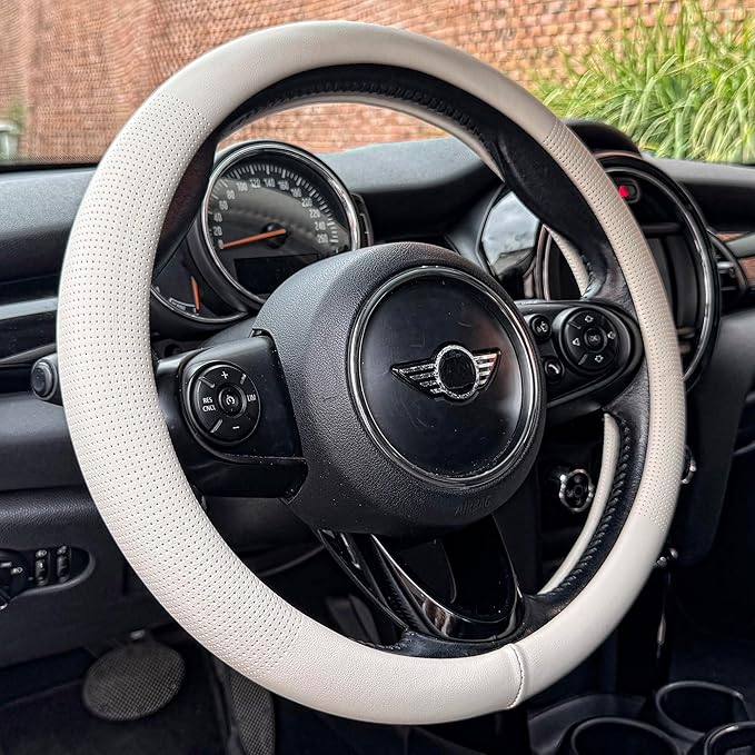 PINCTROT Nappa Leather Steering Wheel Cover, Slim Fit No Bulk Design, One Piece Leather with Breathable Perforation, Fit Like