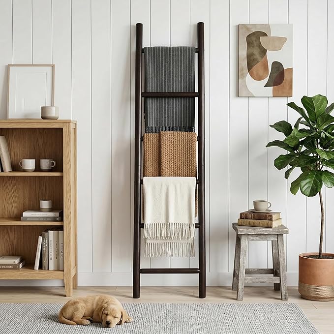 Wooden Blanket Ladder - 76in Natural Wood Color- Leaning Wall Decor for Bedroom, Bathroom, Living Room - Rustic Quilt Holder 