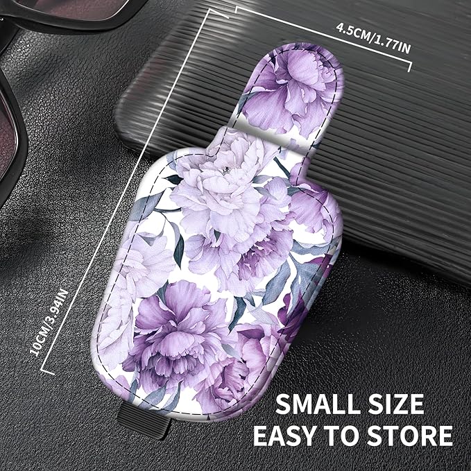Leather Magnetic Sunglass Holder for Car Sun Visor, Cute Eyeglass Ticket Card Hanger Clip, Universal Auto Interior Accessories for SUV Pickup Truck Purple Floral