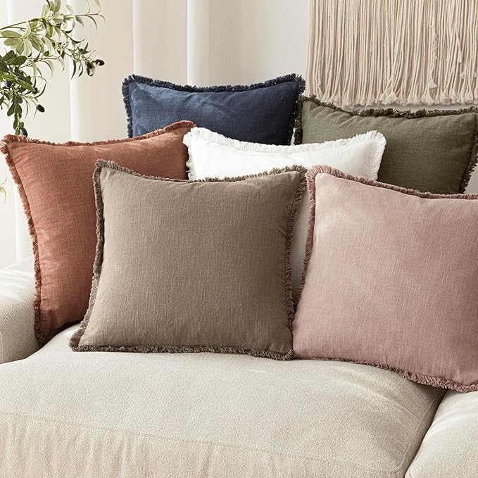 Foindtower Set of 2 Decorative Linen Fringe Lumbar Throw Pillow Covers Farmhouse Cushion Cover with Tassels Soft Accent Pillo