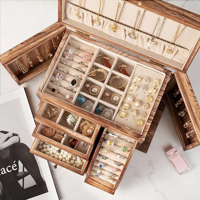 Poyilooo Jewelry Box Organizer, Solid Wood Jewelry Boxes for Women for Storage & Display Necklace Ring Earring Bracelet, Rust