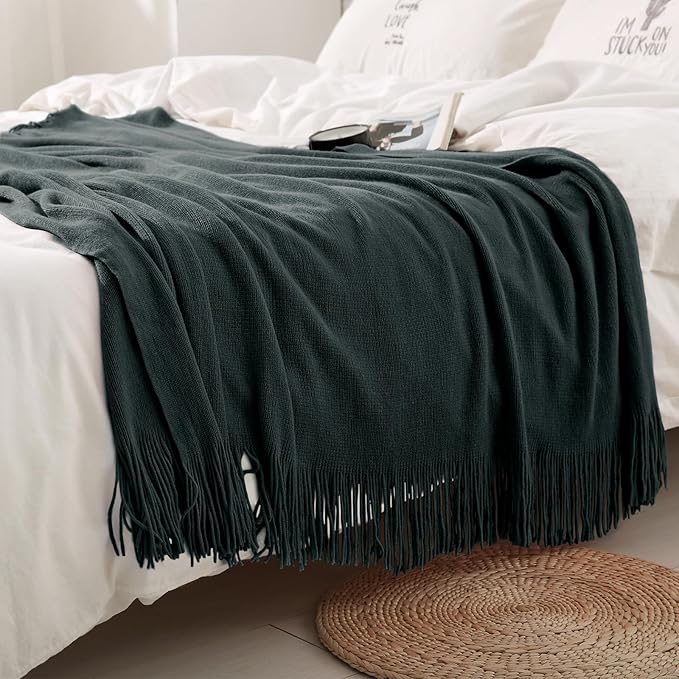 Homiest Decorative Knitted Throw Blanket With Fringe, Lightweight Acrylic Knit, Soft & Cozy Tassel for Couch Sofa Bed (Charco