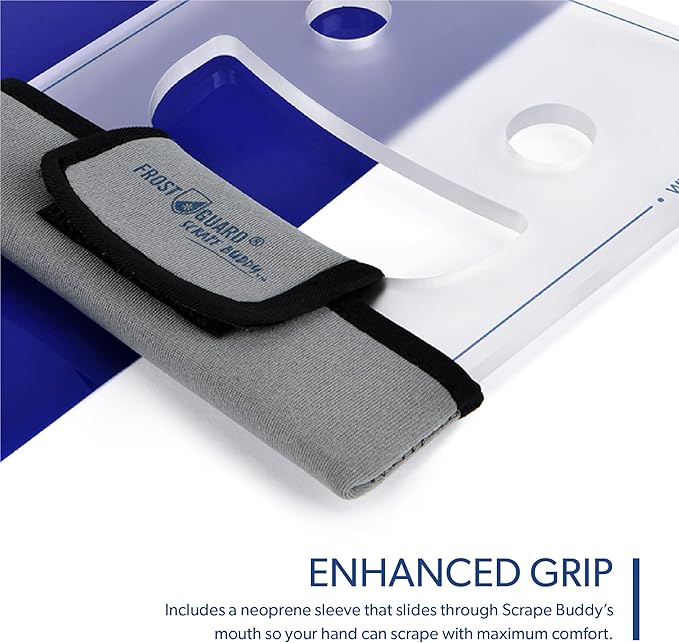 FrostGuard Scrape Buddy Car Ice Scraper Scrape with a Smile - Quickly Remove Frost, Ice and Snow from Your Vehicle Windows and Wiper Blades - Acrylic with Comfort Neoprene Sleeve - Clear Frost