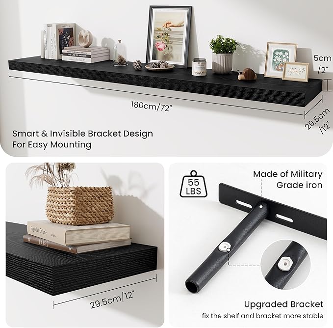 Fun Memories 72 Inch Fireplace Mantel Shelf, 12 Inch Deep Shelves for Display & Wall Storage, Rustic Wood Wall Shelf, Extra L