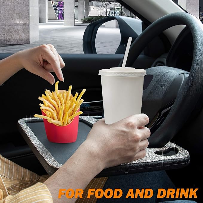 eing Bling Auto Steering Wheel Desk, Laptop,Tablet, Notebook Car Travel Table, Food Eating Hook On Steering Wheel Tray, for Constant Travelers, Fits Most Vehicles Steering Wheels,White