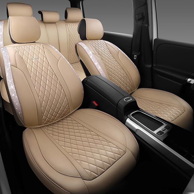 CAR PASS Beige Leather Bling Car Seat Covers Full Set, Luxury Microfiber Nappa PU Cushioned, Waterproof Anti-Slip Universal F