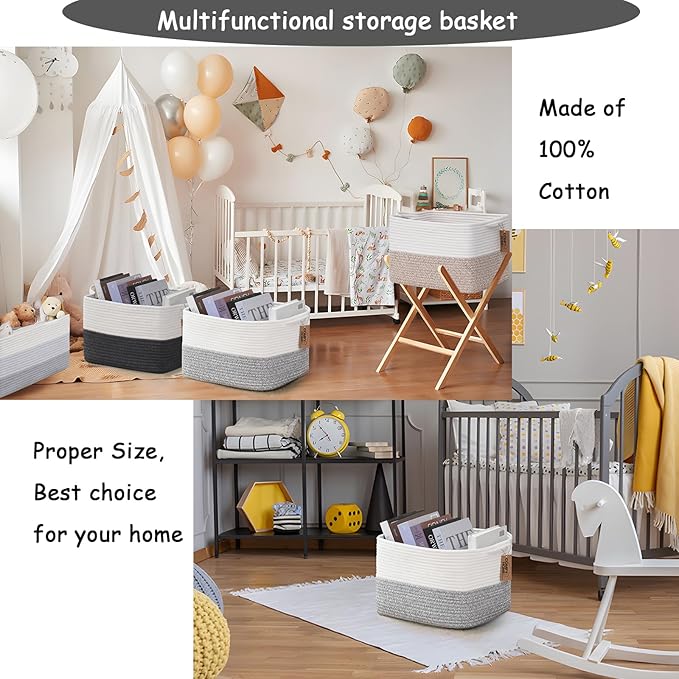 COMFY-HOMI Cotton Rope Woven Basket with Handles for Shelves,Toys,Book, Cloth Storage Baskets Bin for Organizing-13.5"x11"x9.
