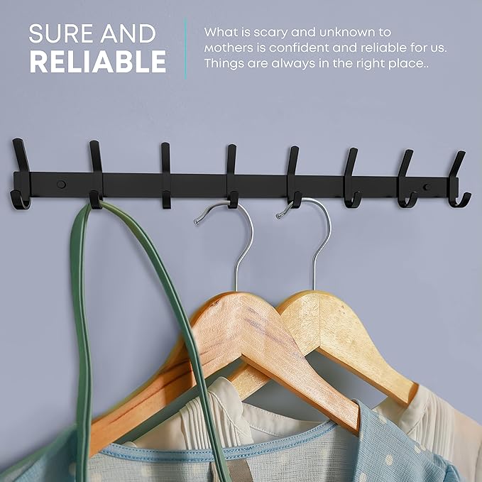 Matte Black Coat Rack Wall Mount – 24 Inch Stainless Steel Hook Rail with 8 Double Coat Hooks – Wall Mounted Entryway Organiz