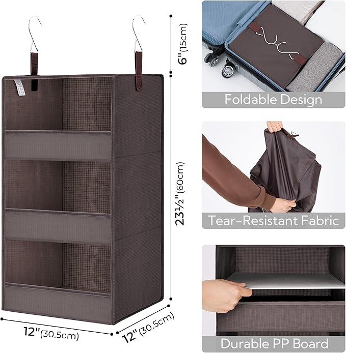 GRANNY SAYS 3-Shelf Closet Organizers and Storage, Foldable Hanging Closet Organizer, Hanging Closet Shelves with 2 Metal Hoo