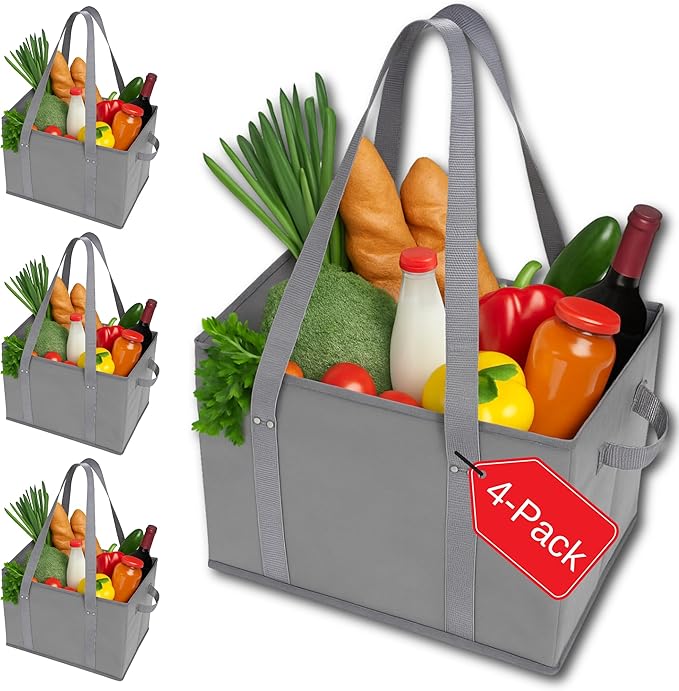 BAG-THAT! 4pk Reusable Grocery Bags Shopping Bags Tote Box Large Heavy Duty Groceries Bag Handles Foldable Reinforced Bottom (Gray)