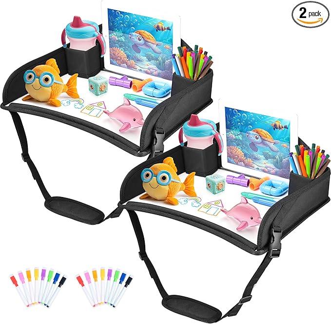 2Pcs Kids Travel Tray for Toddler Carseat, Road Trip Activities Essentials for Toddler, Kids Lap Desk Tray with Tablet Holder Stand ＆ Dry Erase Board (Black-2Pcs)