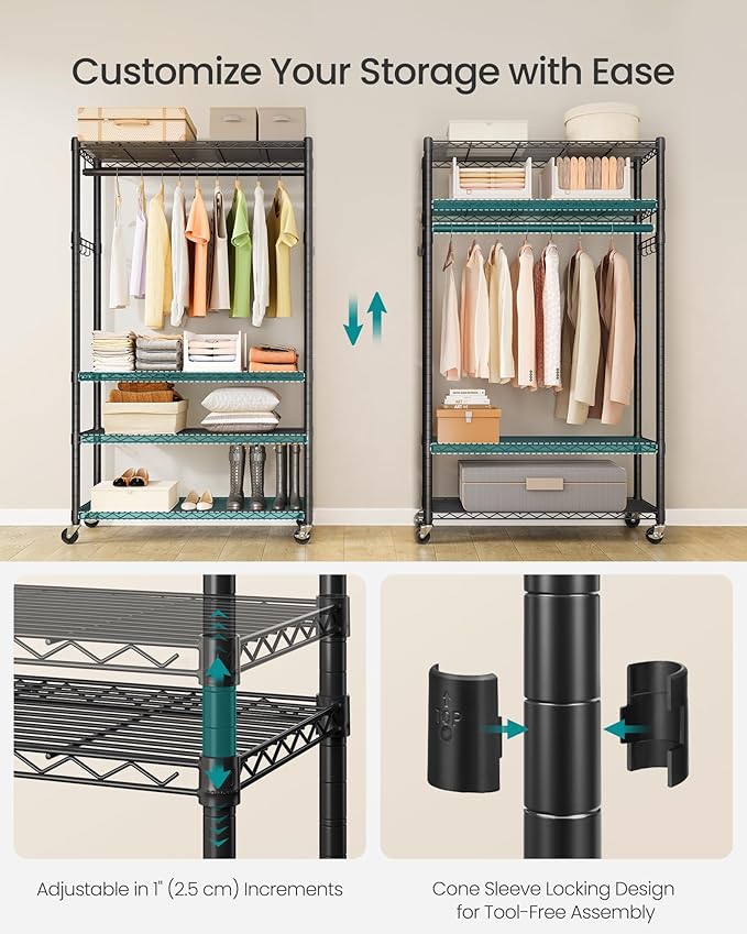 SONGMICS Heavy-Duty Rolling Clothes Rack, Garment Rack, Portable Closet on Wheels, with Adjustable Mesh Shelves and Hanging R