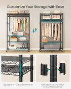 SONGMICS Heavy-Duty Rolling Clothes Rack, Garment Rack, Portable Closet on Wheels, with Adjustable Mesh Shelves and Hanging R