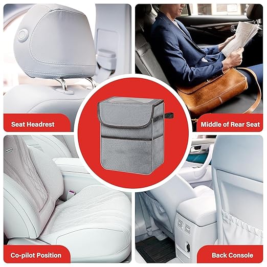 Simple Deluxe Car Trash Can, Multipurpose Bin with Lid and Storage Pockets, Collapsible Adjustable Straps and Portable Organizer, 2 Gallon, Grey