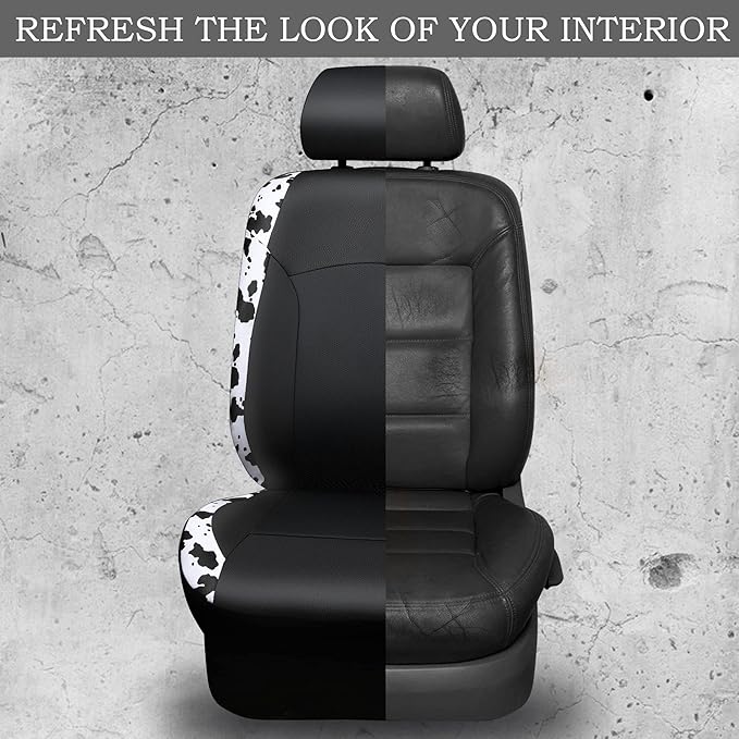 CAR-PASS Cow Print Car Accessories Sets Faux Leather Car Seat Covers & Cow Car Mats & Cow Steering Wheel Cover Seat Belt Pads
