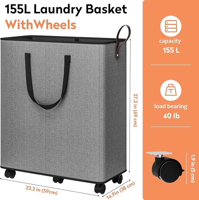 SpaceTrove Laundry Basket with Wheels, Collapsible Laundry Baskets, Laundry Hamper with Handles Detachable Wheels, Rolling La