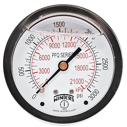 Winters 2-1/2" Dial Size, Liquid Filled Industrial Pressure Gauge, Brass Internals, Stainless Steel Case, Dual Scale 0-3,000 psi/kPa, 1.5% Acc, 1/4" NPT Back Mount, Glycerin Filled Pressure Gauge