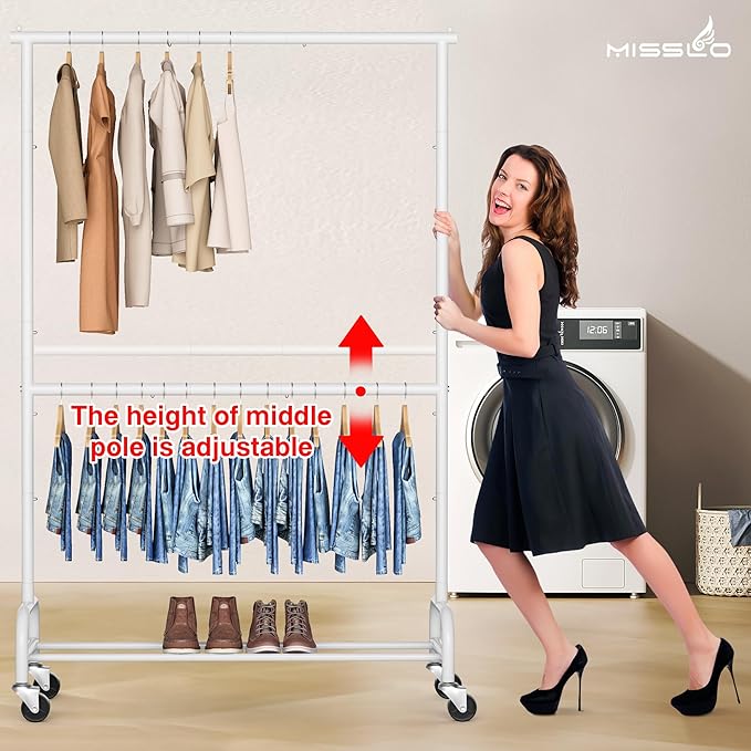 MISSLO Heavy Duty Clothing Racks for Hanging Clothes Rack Double Rod Garment Rack Rolling Closet Wardrobe Rack on Wheels, Met