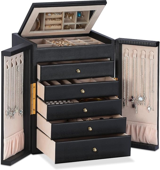 Dajasan Large Jewelry Organizer Box with 5 Drawers, Jewelry Box for Women, 6-Tier Jewelry Storage Organizer with Mirror for N