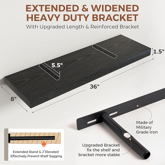 Dreamland Black Floating Shelves 36 Inch Long,8 Inch Deep Floating Shelves,36" W x 8" D Wall Shelves for Bedroom,Living Room,