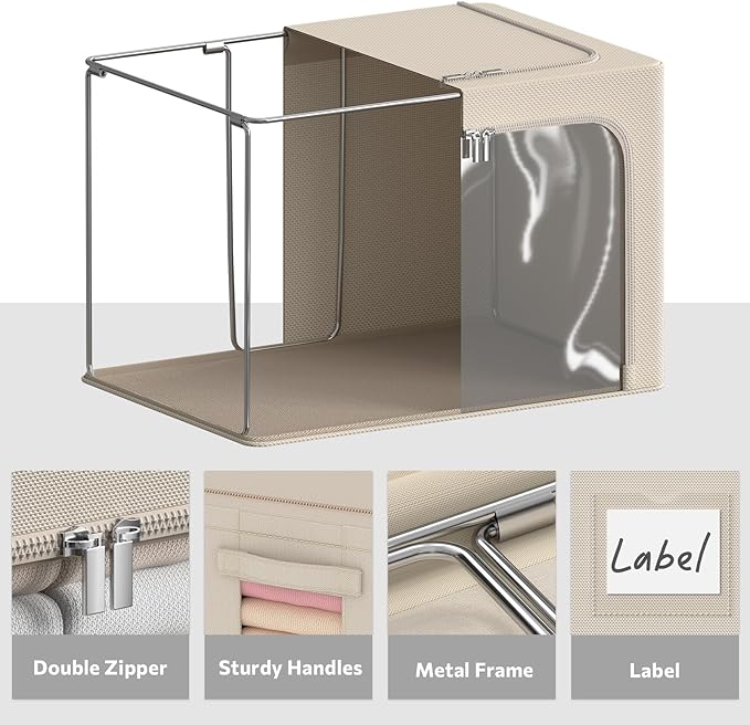 CYhom 4 Pack Clothes Storage Bins - Oxford Fabric Metal Frame Storage Box - Foldable Stackable Container Organizer Set with C