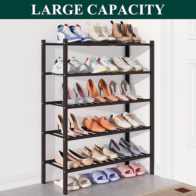 Smiry Bamboo Shoe Rack for Closet, 5 Tier Wooden Stackable Shoe Organizer, Free Standing Shoes Storage Shelf for Entryway, Fr