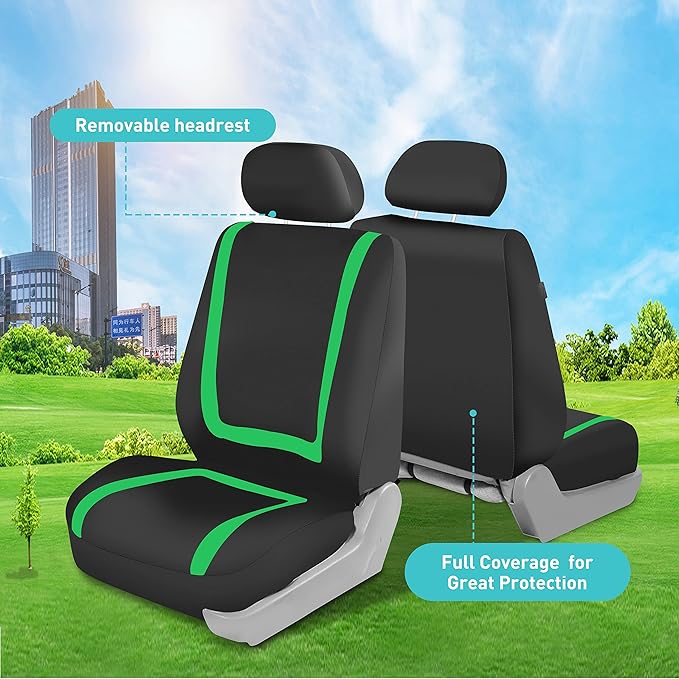 FH Group Unique Flat Cloth Full Set Car Seat Covers w. Silicone Steering Wheel Cover- Universal Fit for Most Cars, Trucks, SUVs or Vans (Green/Black)
