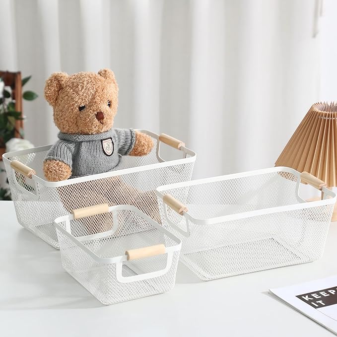 AJIODA Metal Mesh Steel Basket, Small Wire Storage Organizer Basket Multi-function Hanging Kitchen Basket with Wood Handle fo