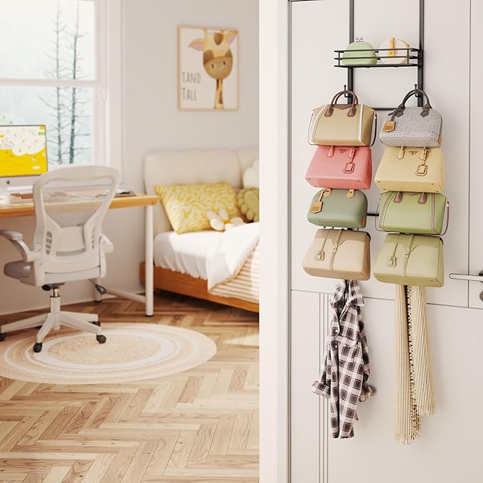 HapiRm Over The Door Purse Organizer - Wall Mounted Purse Rack with 10 Hooks and Metal Basket, Hanging Handbag Organizer Hold